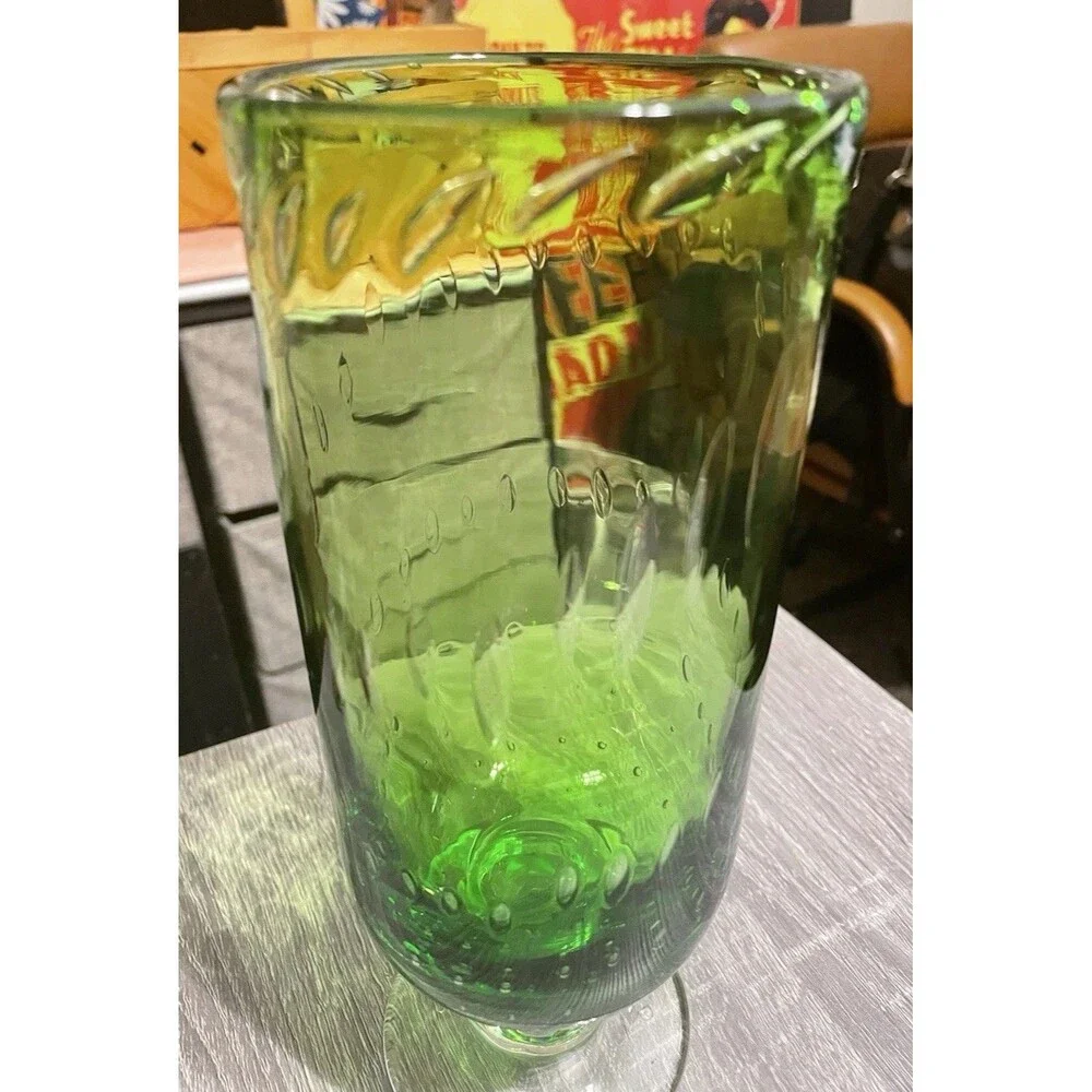 70’s Art Deco Hand Blown Controlled Bubble Apple Green & Clear Base Glass Vase
